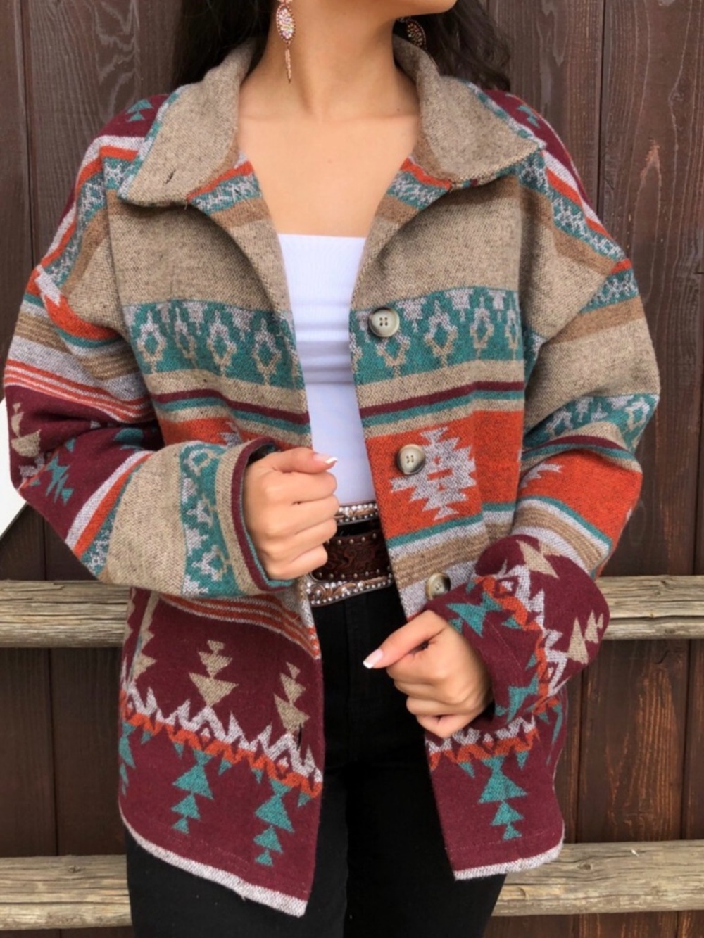 Southwestern (Aztec) Patterned Jacket in Teal, Rust & Cream
